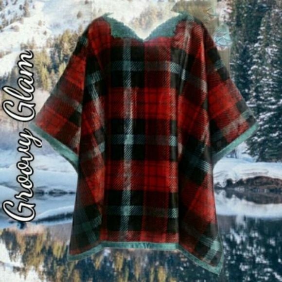 GROOVY GLAM Handmade Plaid Plush Sherpa Poncho - Picture 1 of 3